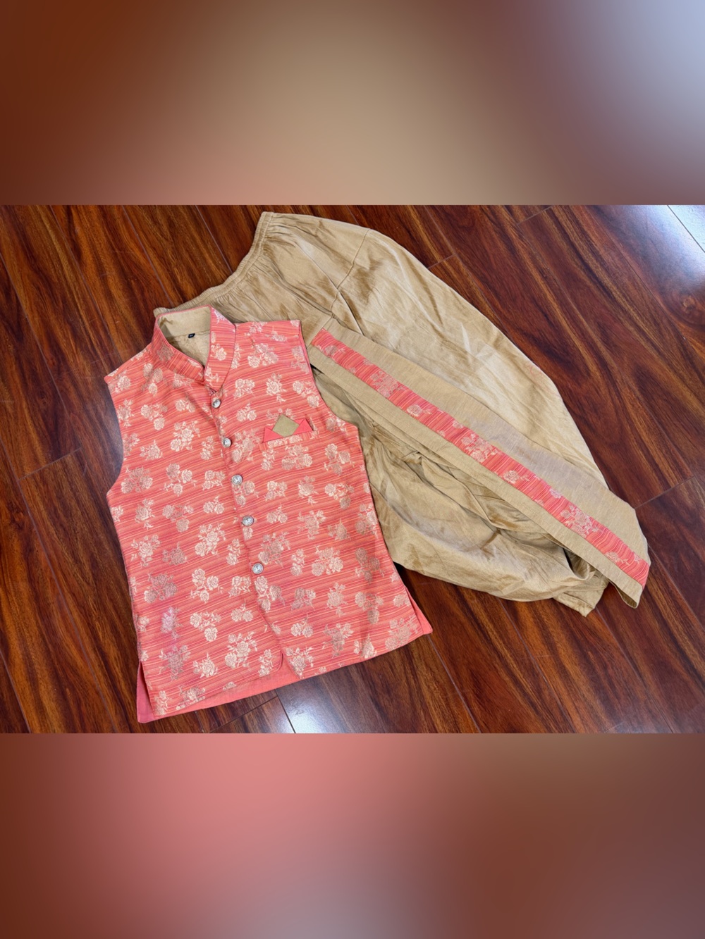 Boys Gold Flora Kurta Waist Coat and Beige Dhoti Pants Set